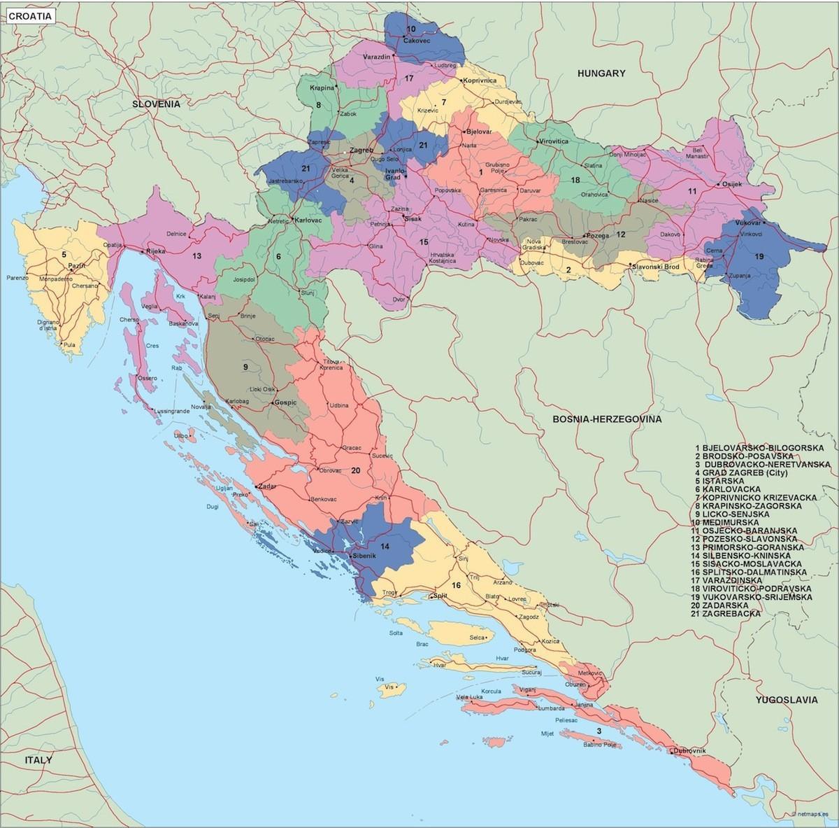 mapa Chorwacji politycznych 