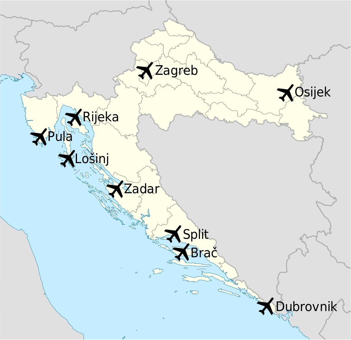 mapa Chorwacji pokazując lotnisk