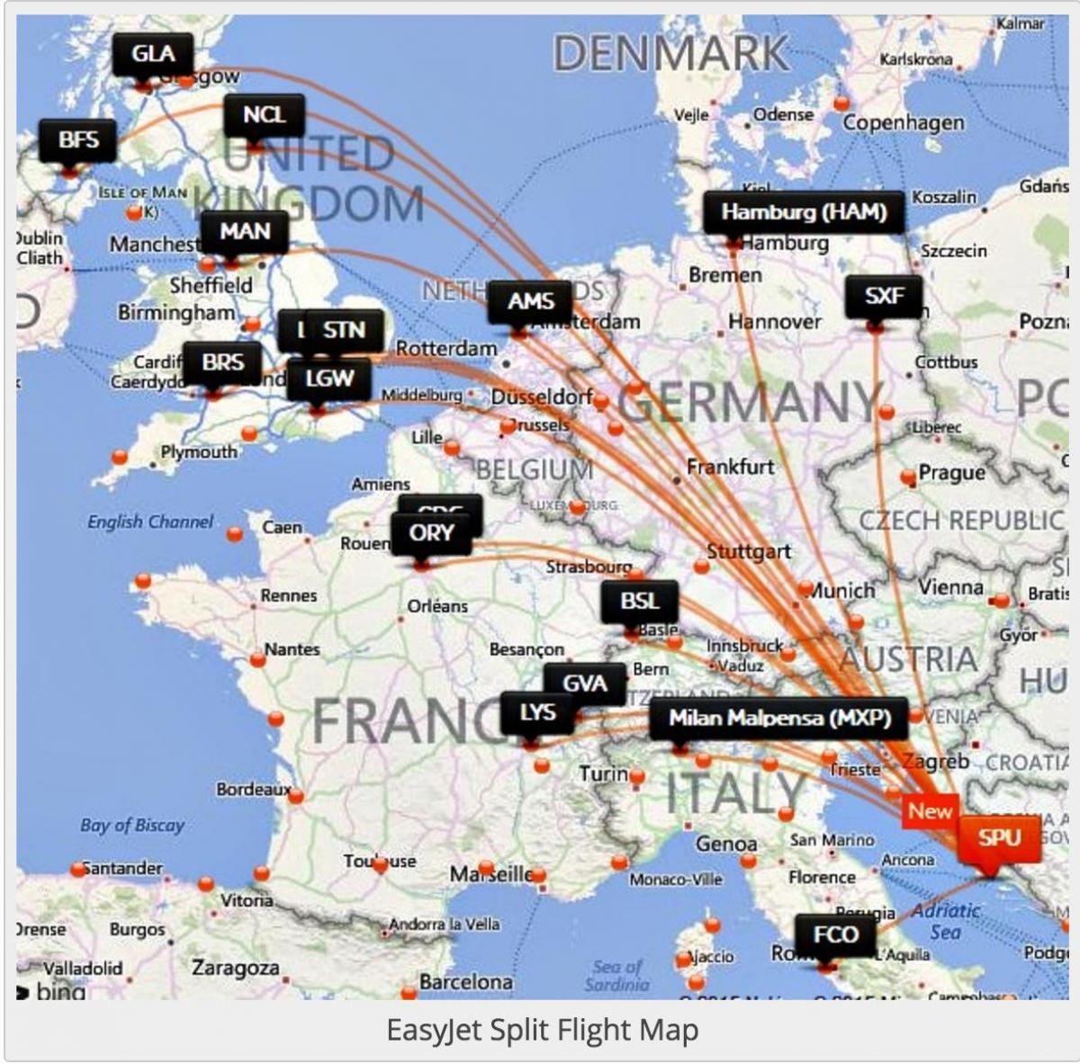 linie lotnicze Chorwacji kierunków mapie